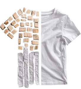 T-Shirt mit zwei Materialien: rechts weißer Stoff, links Holz- und Faseranteil (Foto)